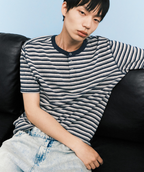 Sunny Stripe Henley Neck_Navy
