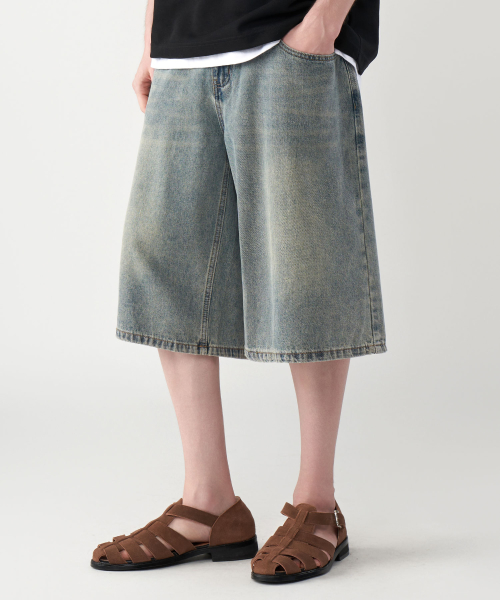 Bermuda Cat Brush Wash Wide Half Denim Pants 3 Colors
