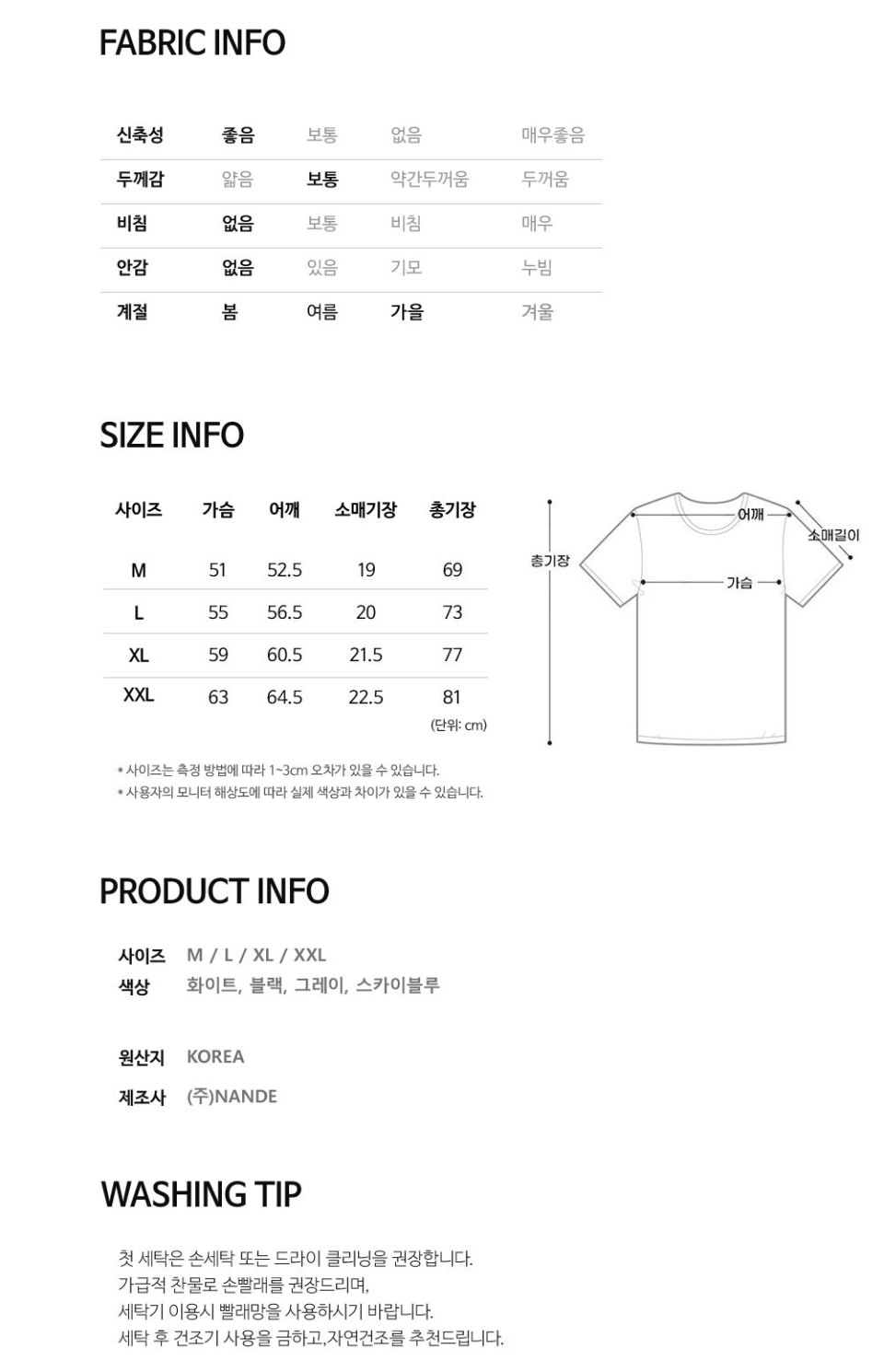 사이즈표 M,L,XL,2XL