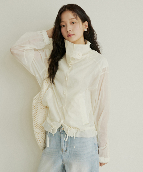 Lace back label ribbon string summer blouson - cream