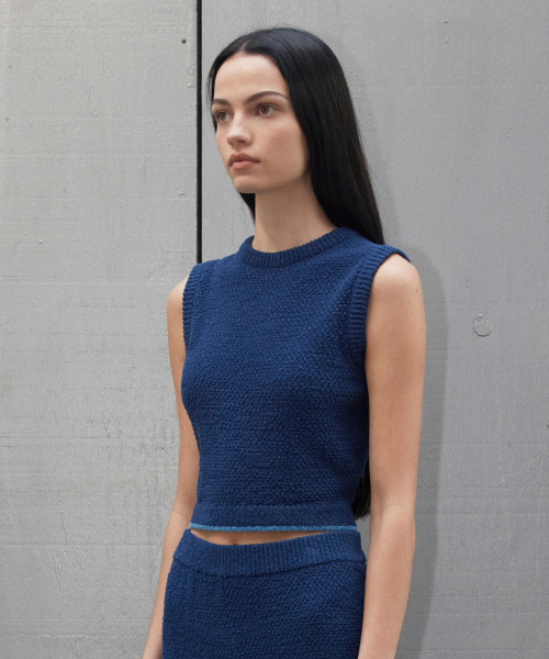 WOMEN COLOR EDGED SLIM KNIT TANK TOP - BLUE