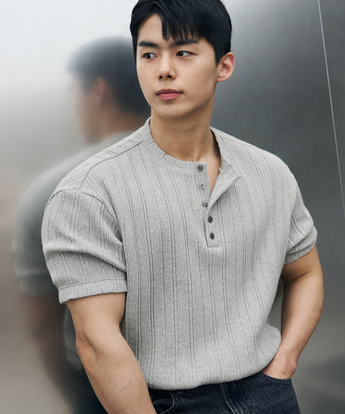 [DRAW FIT X MANJAE] RIBBED HENLEY NECK HALF T-SHIRT [MELANGE]