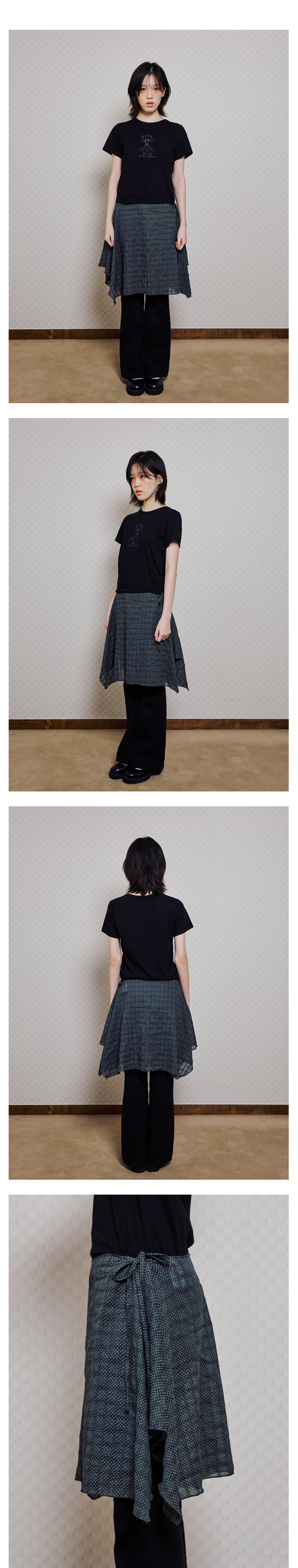 MUSINSA | ITZAVIBE GRAY DOT&CHECK LAYERED WRAP MIDI SKIRT