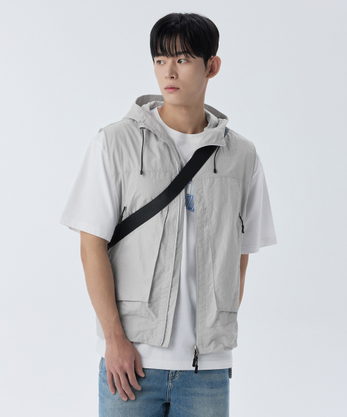 High Neck 3D Pocket худи-жилет [Light Grey]