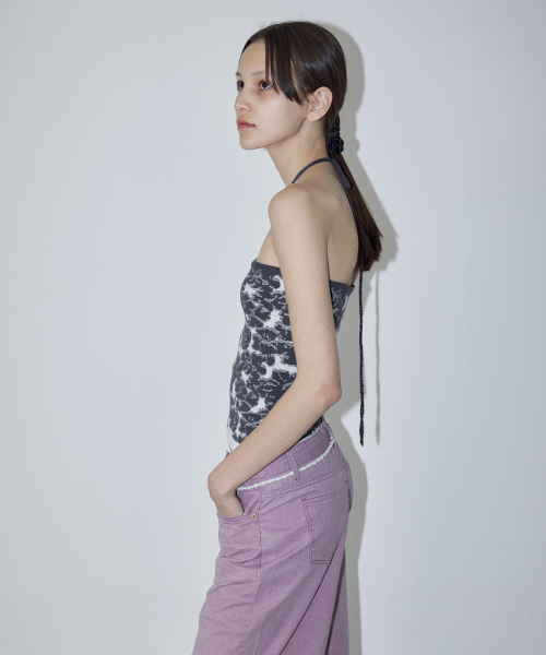 NECK STRAP FLORAL TUBE TOP - DARK GREY