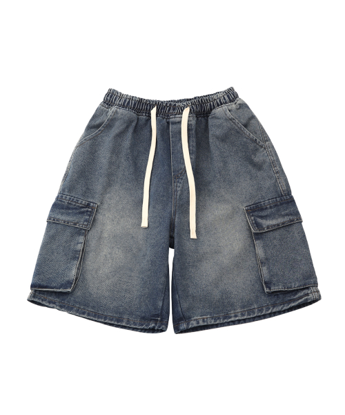 Damage cargo denim shorts_Blue