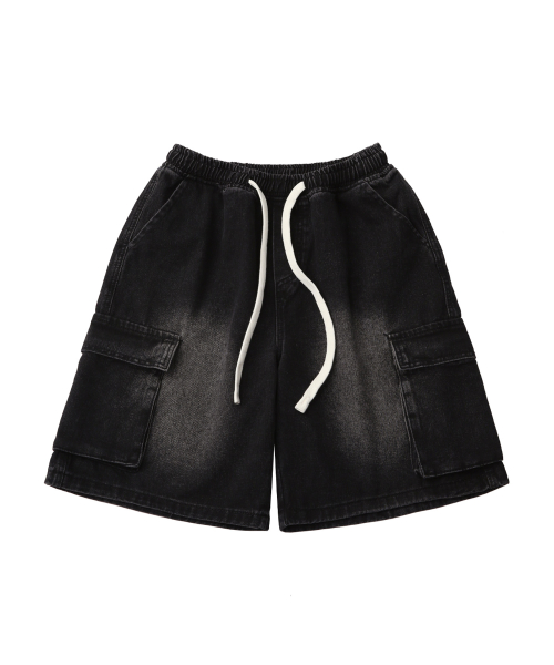 Damage cargo denim shorts_Black