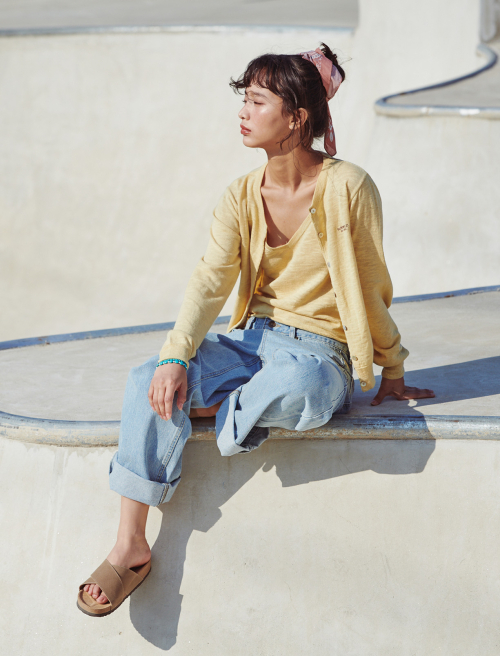 Pale Linen Cardigan/Sleeveless Set Mustard
