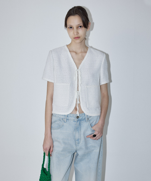 V-NECK SUMMER TWEED JACKET - WHITE