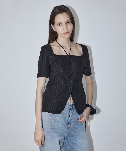 NECK STRAP STRIPE JACKET - BLACK