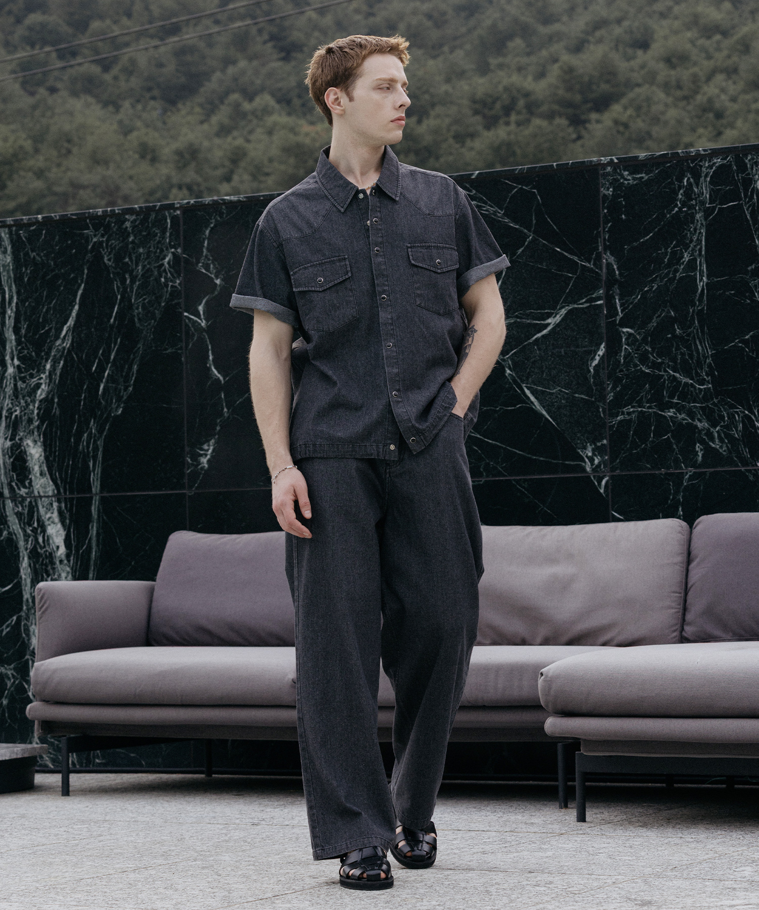 [SET] Cool Flow Denim Short Sleeve Set [Raw Black]