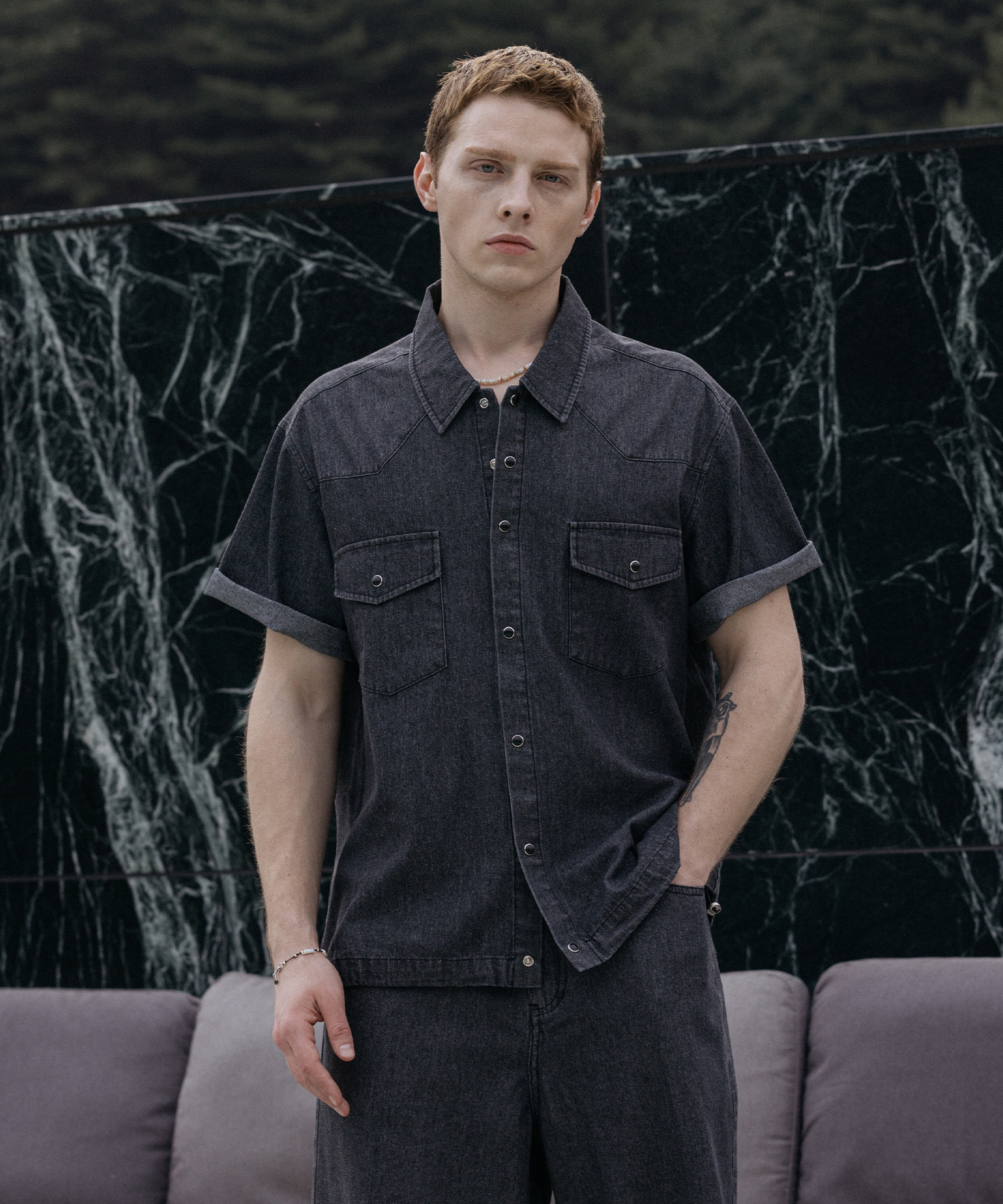 [SET] Cool Flow Denim Short Sleeve Set [Raw Black]