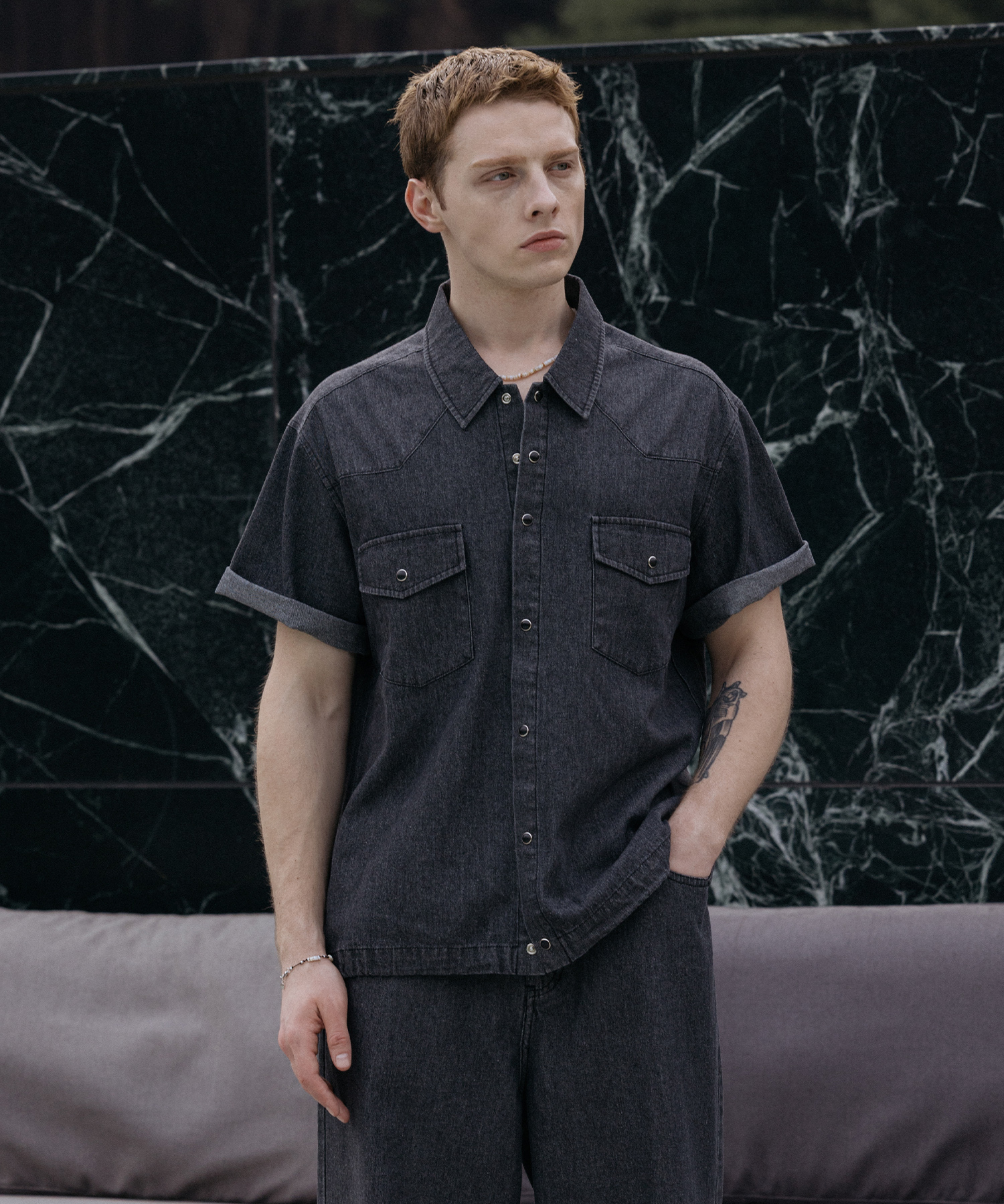 [SET] Cool Flow Denim Short Sleeve Set [Raw Black]