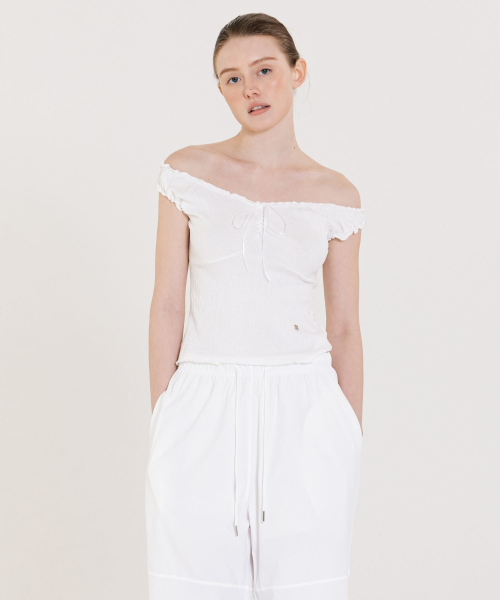 Wrinkle Off Shoulder Top white