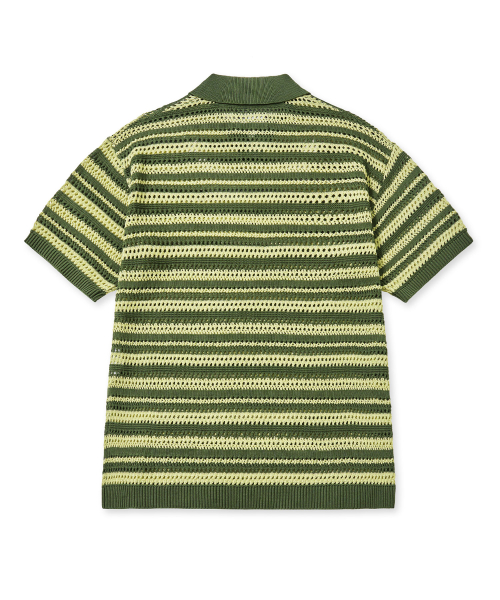 STRIPE PUNCHING COLLAR KNIT - KHAKI
