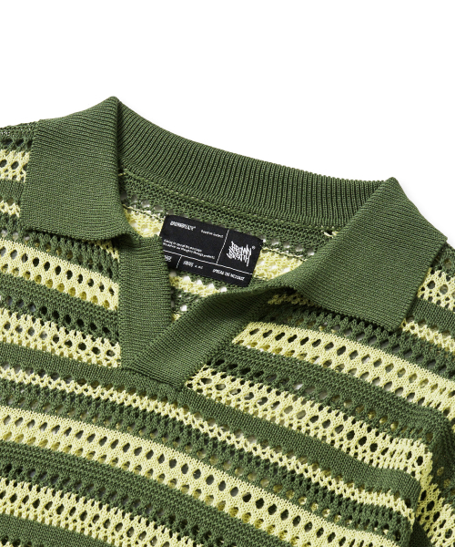 STRIPE PUNCHING COLLAR KNIT - KHAKI