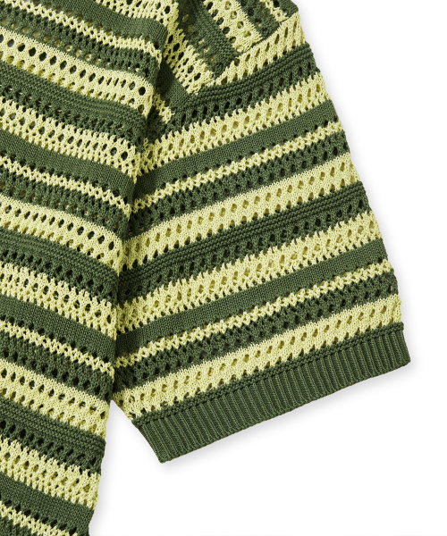 STRIPE PUNCHING COLLAR KNIT - KHAKI