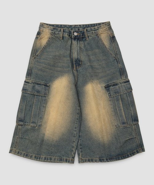 Джинсовые бермуды карго с защипами (Washed Blue)
