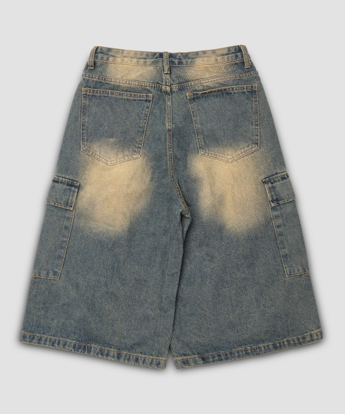 Джинсовые бермуды карго с защипами (Washed Blue)