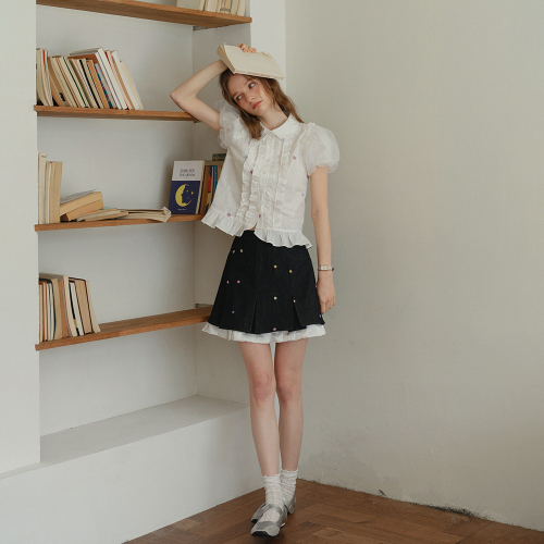 Cest_Flower mesh puff sleeve shirt