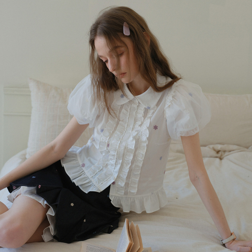 Cest_Flower mesh puff sleeve shirt