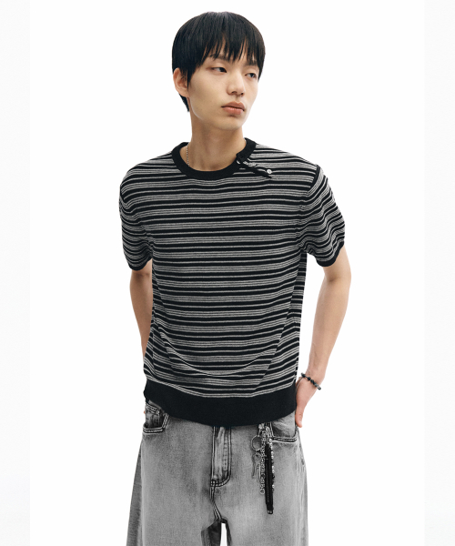 Half-Wit Button Stripe Knit_Black thumbnail 2
