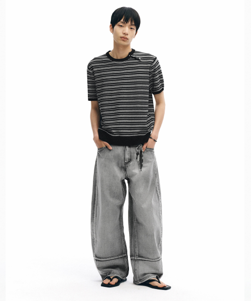Half-Wit Button Stripe Knit_Black thumbnail 5