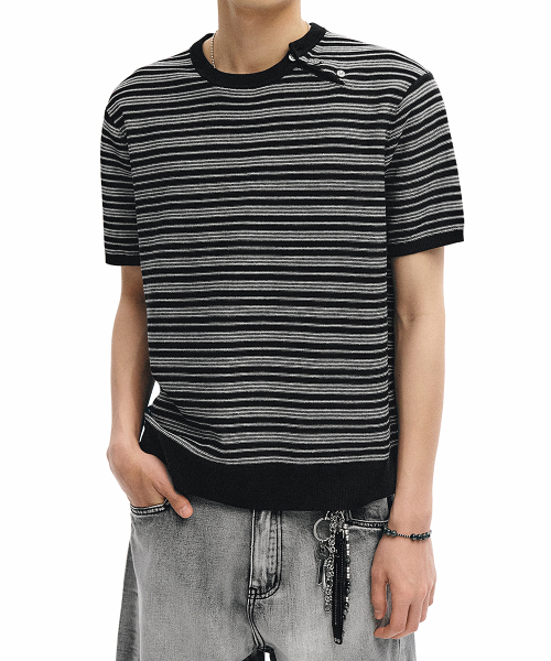 Half-Wit Button Stripe Knit_Black thumbnail 17