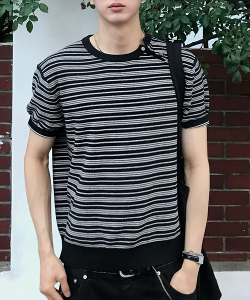 Half-Wit Button Stripe Knit_Black thumbnail 22