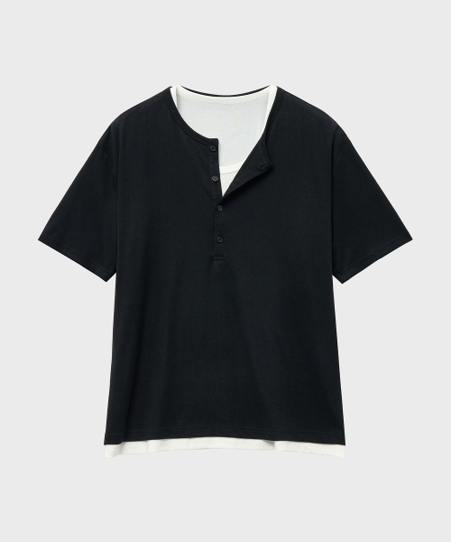 LAYERED HENLEY NECK HALF SLEEVE T-SHIRT (BLACK IVORY)