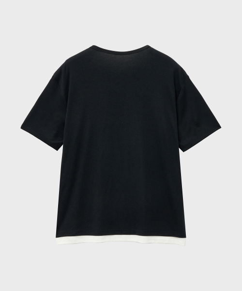 LAYERED HENLEY NECK HALF SLEEVE T-SHIRT (BLACK IVORY)