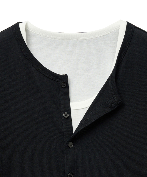LAYERED HENLEY NECK HALF SLEEVE T-SHIRT (BLACK IVORY)