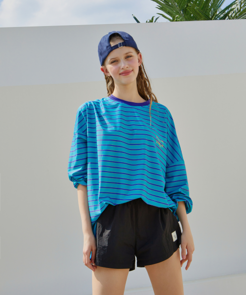 Striped Lettering Loose Fit Rash Guard - Blue