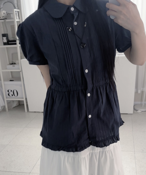 Puff Sleeve Cropped String Pintuck Frill Short Sleeve Blouse Shirt _ 3 COLORS thumbnail 5