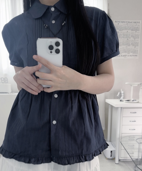 Puff Sleeve Cropped String Pintuck Frill Short Sleeve Blouse Shirt _ 3 COLORS thumbnail 6