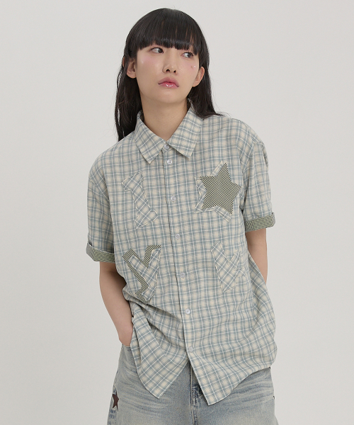 YK Star Applique Check Half Sleeve Shirt MINT