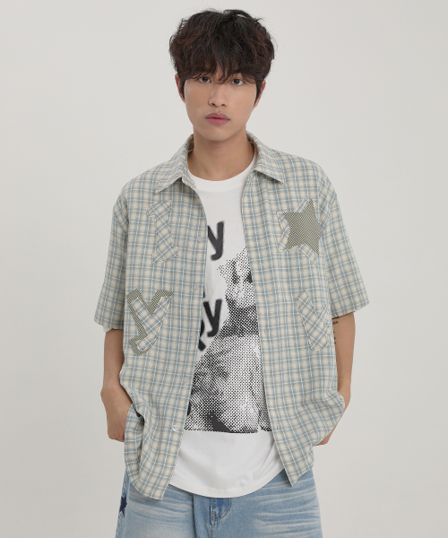 YK Star Applique Check Half Sleeve Shirt MINT