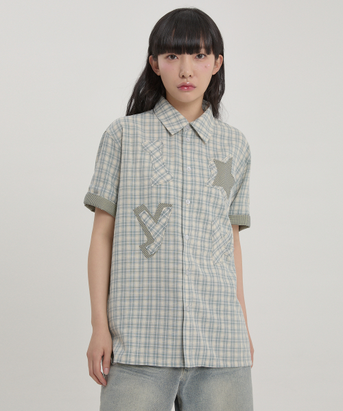 YK Star Applique Check Half Sleeve Shirt MINT