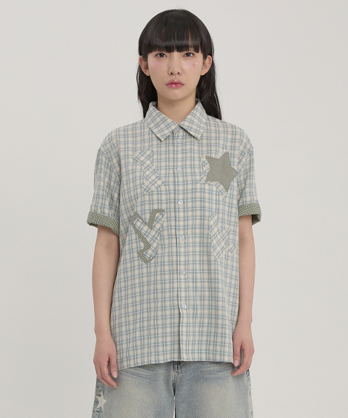 YK Star Applique Check Short Sleeve Shirt Mint thumbnail 5