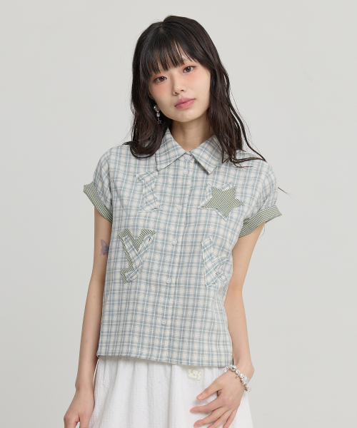 YK Star Applique Check Short Sleeve Shirt Mint thumbnail 6