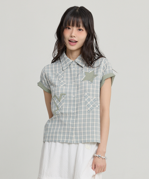 YK Star Applique Check Short Sleeve Shirt Mint thumbnail 7