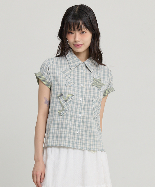 YK Star Applique Check Short Sleeve Shirt Mint thumbnail 8
