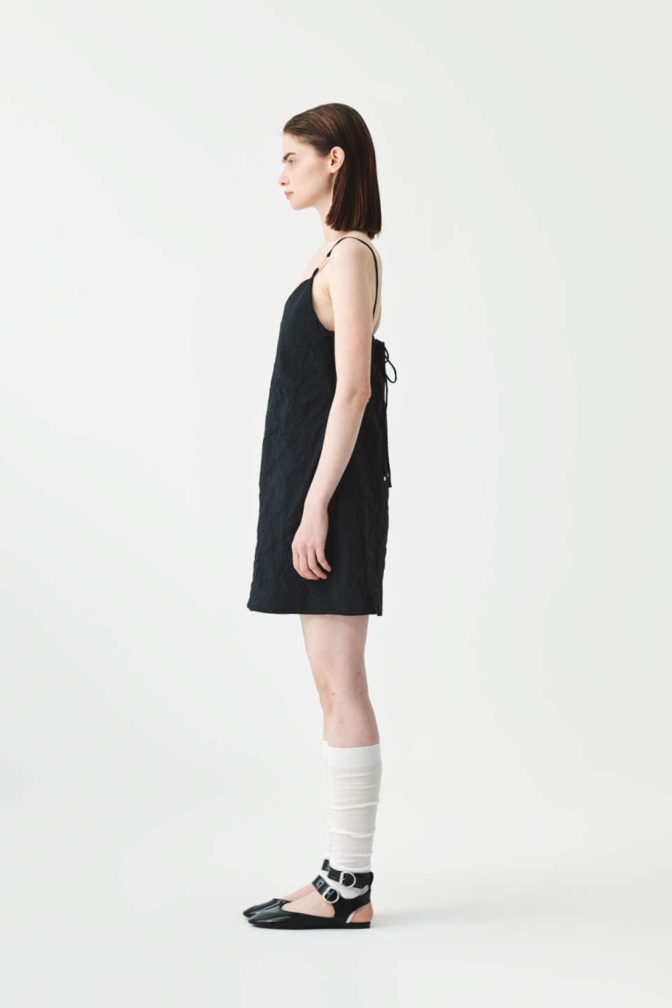 MATIN KIM ■ LOGO CHARM POINT CRINKLE MINI DRESS LOGO CHARM POINT CRINKLE MINI DRESS IN BLACK - MATINKIM