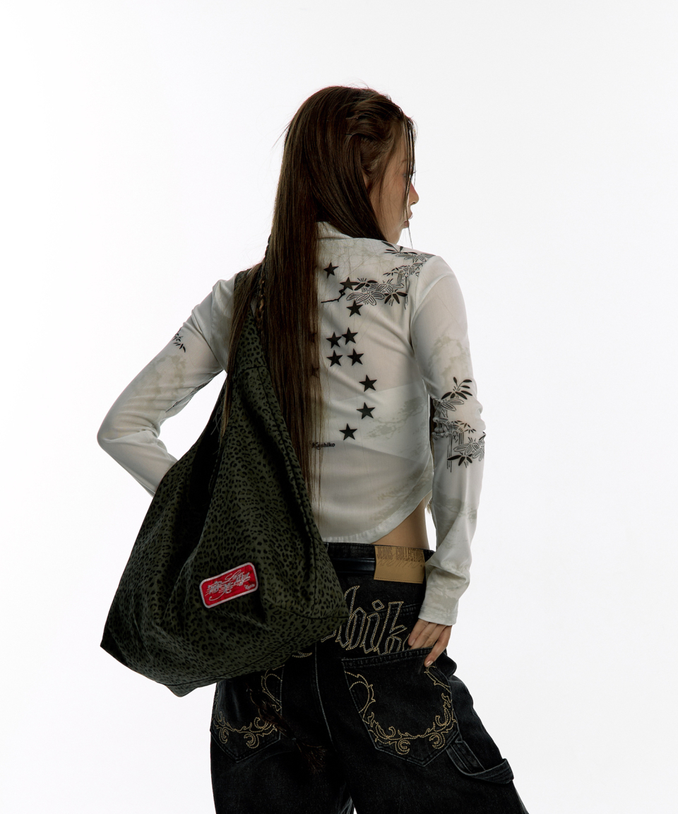 Kashiko Leopard Print Shoulder Bag Blue Greyショルダーバッグ Big Leather Bag, Gray+blue Messenger Bag, Genuine Leather