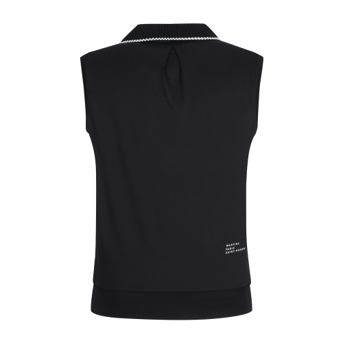 Knit Open Collar Embossed Sleeveless_BLACK