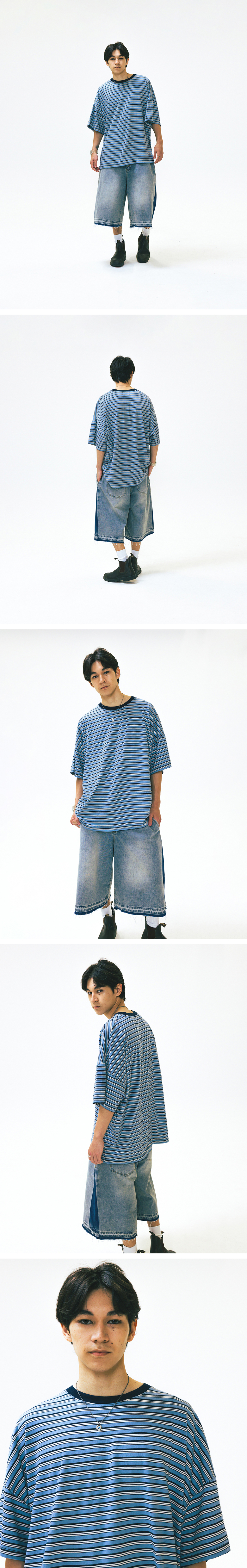 【ANGLAN】String Seersucker Half Tee MUSINSA | ANGLAN Multi Striped Half Tee - Blue