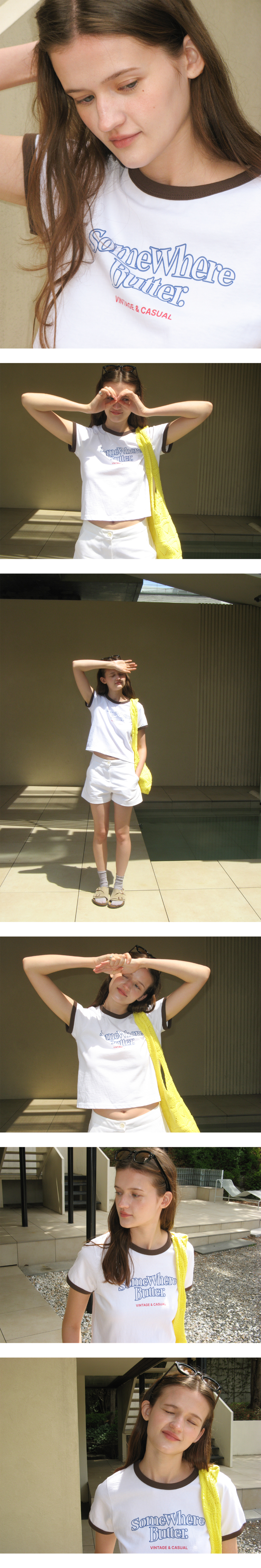 MUSINSA | SOMEWHEREBUTTER Wave Logo Ringer Top - Ivory(Brown)