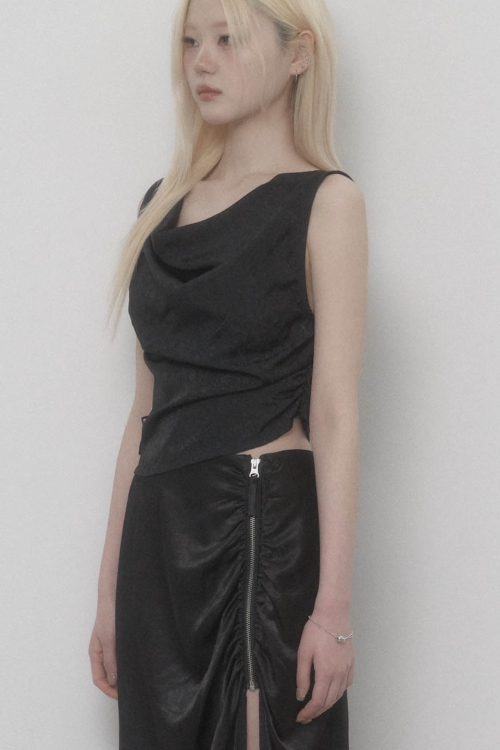 Draped Belt Satin Tank Top (Black)