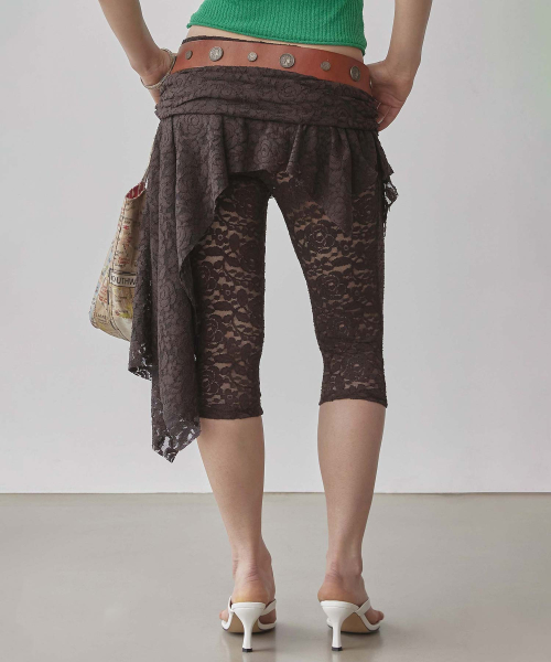 Asymmetric Lace Skirt Leggings Brown
