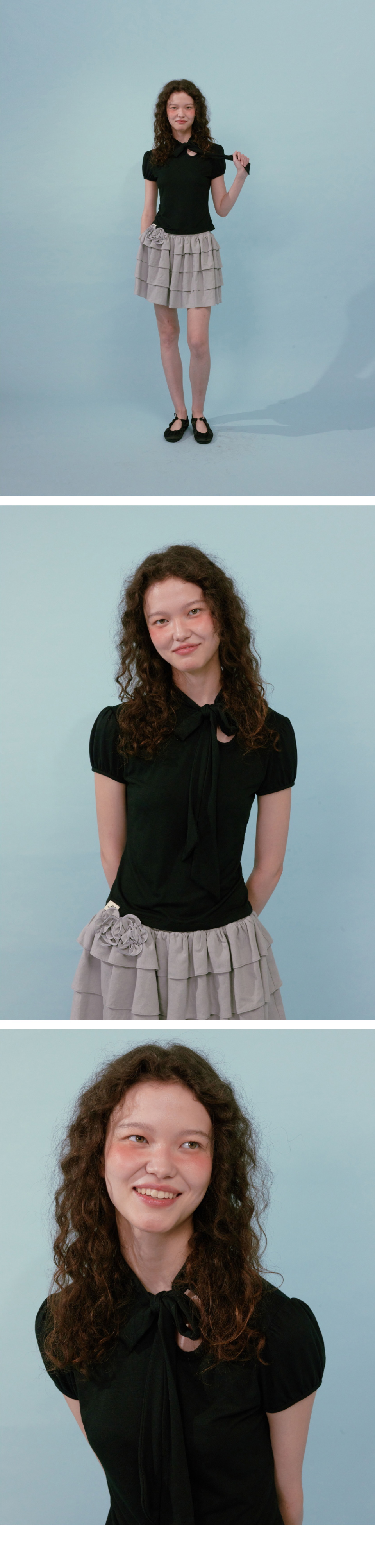 루루서울(LOULOUSEOUL) Ribbon Tie T-Shirt (Black) - 사이즈